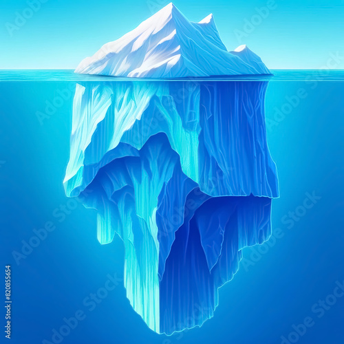 Gigantic iceberg above and below water, showcasing its massive hidden underwater portion. Environmental topics, climate change visuals, and nature designs. Flat illustration