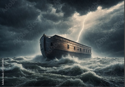 During the deluge, with the rain coming down, Noah's Ark.