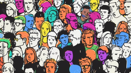 crowd of young people illustration  black ink outline  colored fill