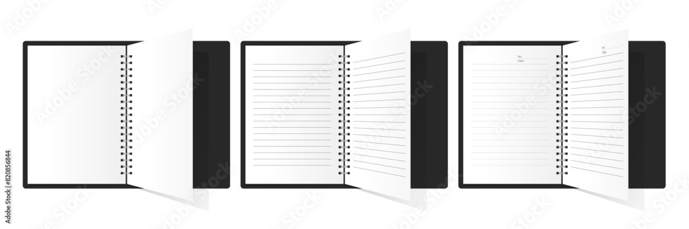 Fototapeta premium Blank open book or notepad vector template. Notebook and bookmark template in different views isolated on white background. Realistic blank booklet cover, notebook 3d vector set.