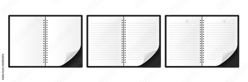 Blank open book or notepad vector template. Notebook and bookmark template in different views isolated on white background. Realistic blank booklet cover, notebook 3d vector set. Blank open book or notepad vector template. Notebook and bookmark template in different views isolated on white background. Realistic blank booklet cover, notebook 3d vector set.