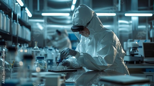 Engineer in cleanroom suit assembling battery cells, hightech lab, 3D rendering, cool tones, precise photo