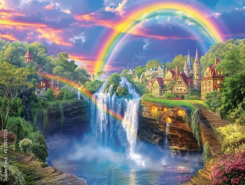 A beautiful landscape with a rainbow and a waterfall. The waterfall is surrounded by a lush green forest and a rainbow is above it. The scene is peaceful and serene  with a sense of wonder and magic