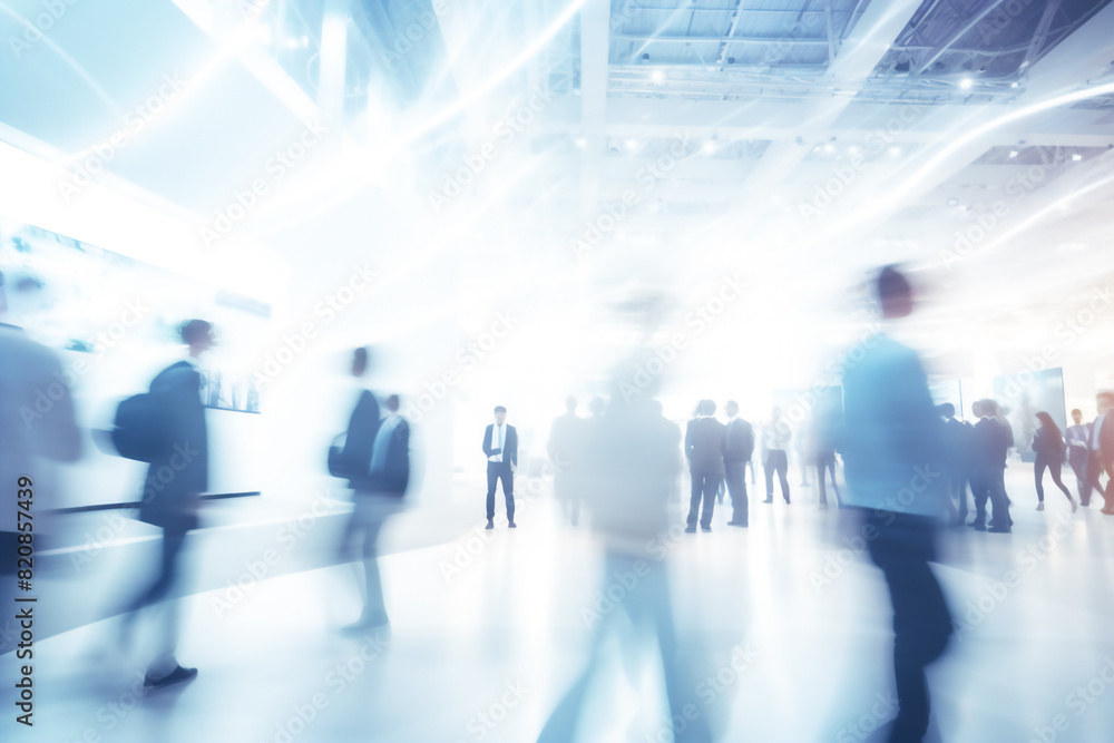 blur image of visitors at motor show or exhibition hall blur image of visitors at motor show or exhibition hall