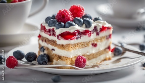 Creamy layered cake on white plate with whipped cream and berries.