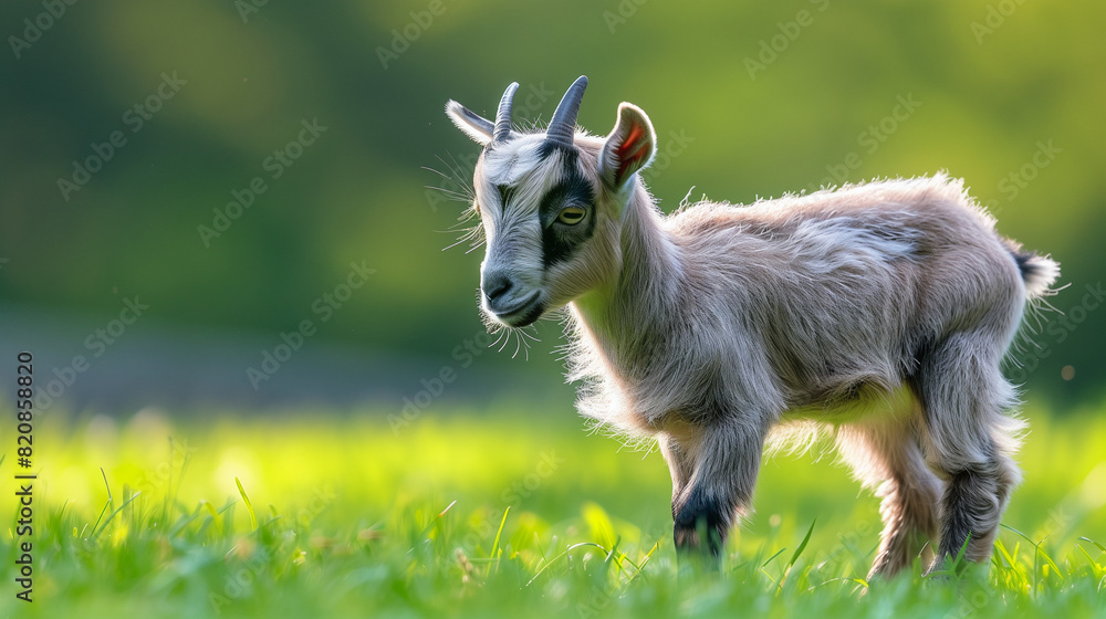 Fototapeta premium Small Goat Standing on Top of Lush Green Field