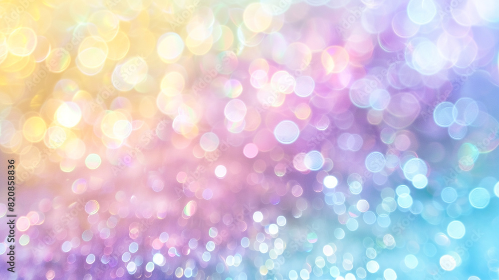 Abstract blur bokeh banner background. Rainbow colors, pastel purple, blue, gold yellow, white silver, pale pink bokeh background
