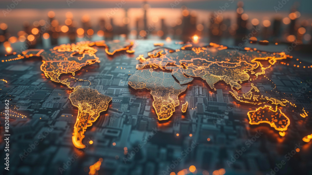 A digital world map with glowing borders of continents, overlaid on a cityscape with illuminated buildings in the background. A digital world map with glowing borders of continents, overlaid on a cityscape with illuminated buildings in the background.