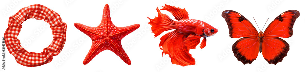 Fototapeta premium Set of red fashion objects on png background. Ideal set for moodboards design and collage art. Red aesthetic trends.