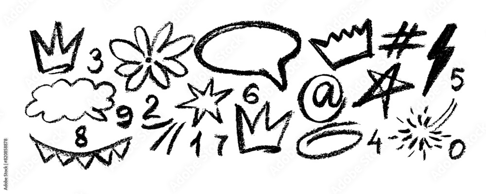 Collection with charcoal graffiti doodle punk and girly shapes Hand drawn abstract scribbles and squiggles, creative various shapes, pencil drawn icons. Scribbles, scrawls, stars, crown, flower, cu Collection with charcoal graffiti doodle punk and girly shapes Hand drawn abstract scribbles and squiggles, creative various shapes, pencil drawn icons. Scribbles, scrawls, stars, crown, flower, cu
