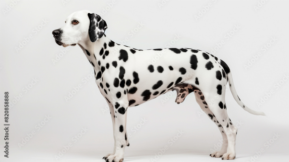 Photo of Dalmatian Dog Standing in Front of White Background Photo of Dalmatian Dog Standing in Front of White Background