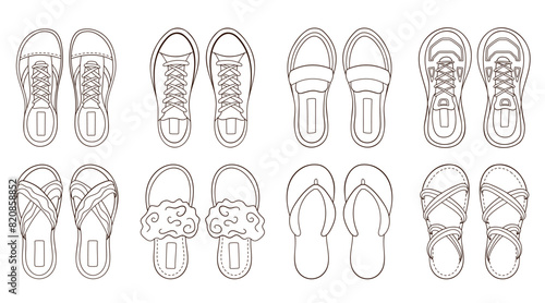 Female shoes collection in line art style. Set of casual woman footwear shoes, sneakers and boots. Vector illustration isolated on a white background.