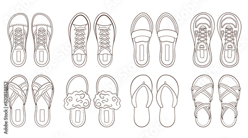 Female shoes collection in line art style. Set of casual woman footwear shoes  sneakers and boots. Vector illustration isolated on a white background.