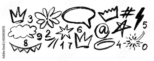 Collection   with charcoal graffiti doodle punk and girly shapes  Hand drawn abstract scribbles and squiggles, creative various shapes, pencil drawn icons. Scribbles, scrawls, stars, crown, flower, cu