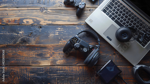 Modern laptop game pad and headphones on wooden table photo