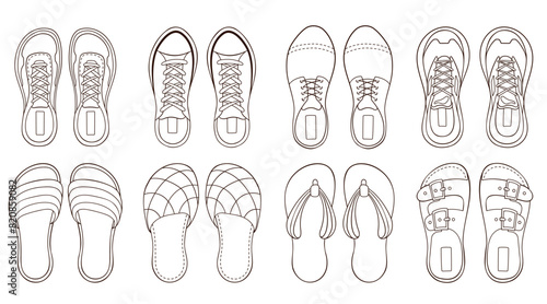 Male footwear sneakers collection in outline style. Line art set of casual shoes. Vector illustration isolated on a white background.