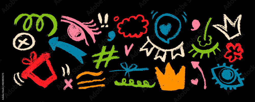 Collection bright colored abstract geometric shapes, lines. Hand drawn pencil doodles, squiggles and scribbles in Memphis simple style. Hand drawn brush strokes, bold curved lines, crowns, star and Collection bright colored abstract geometric shapes, lines. Hand drawn pencil doodles, squiggles and scribbles in Memphis simple style. Hand drawn brush strokes, bold curved lines, crowns, star and