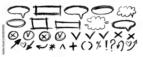 Black highlighter marker lines  scribble   rectangles and  oval frames  underline arrows  cross and check symbol. Highlighter oval frame and hand drawn doodles vector set