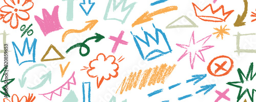 Multi colored charcoal pencil shapes and doodles seamless pattern. Hand drawn vector quirky shapes in punk or childish style. Naive playful abstract charcoal scribbles. Doodles and curved lines.