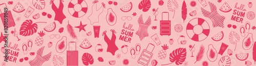 Summer background with icons of fruits, swimsuits, sunglasses, spf. Beach theme banner.  Banner design template for shopping sale, promo poster, web and social media. Vector illustration in pink color
