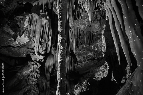 Generative ai on theme of a large beautiful sharp stalactites hanging down from deep mountain cave