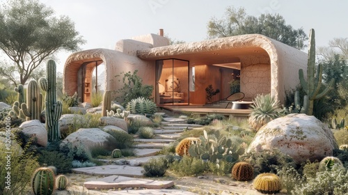 Futuristic American Southwest Capsule House in a Sustainable Cactus Garden Oasis photo