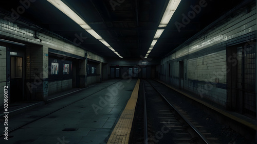 An eerie, deserted subway station platform with fluorescent lights illuminating the empty space and tracks