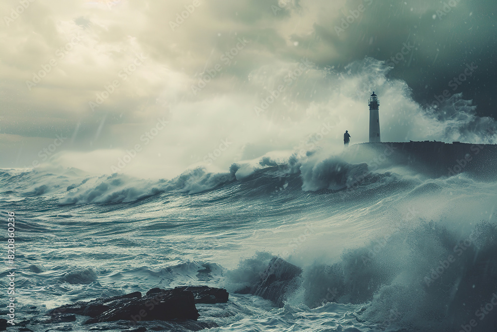 Fototapeta premium Generative ai on theme of large retro lighthouse with beam of bright light shining out to blue sea