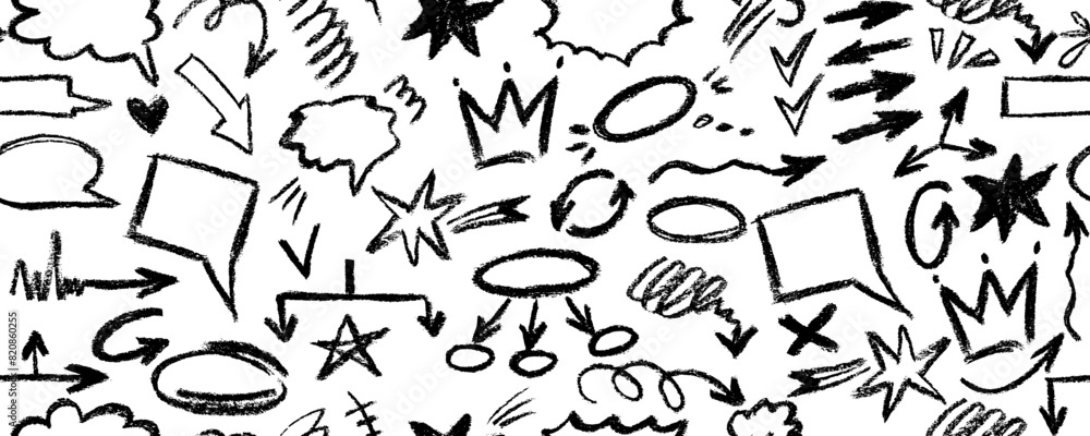 Black charcoal pencil shapes and doodles seamless pattern. Hand drawn vector quirky shapes in punk or childish style. Naive playful abstract charcoal scribbles. Doodles and curved lines. Black charcoal pencil shapes and doodles seamless pattern. Hand drawn vector quirky shapes in punk or childish style. Naive playful abstract charcoal scribbles. Doodles and curved lines.