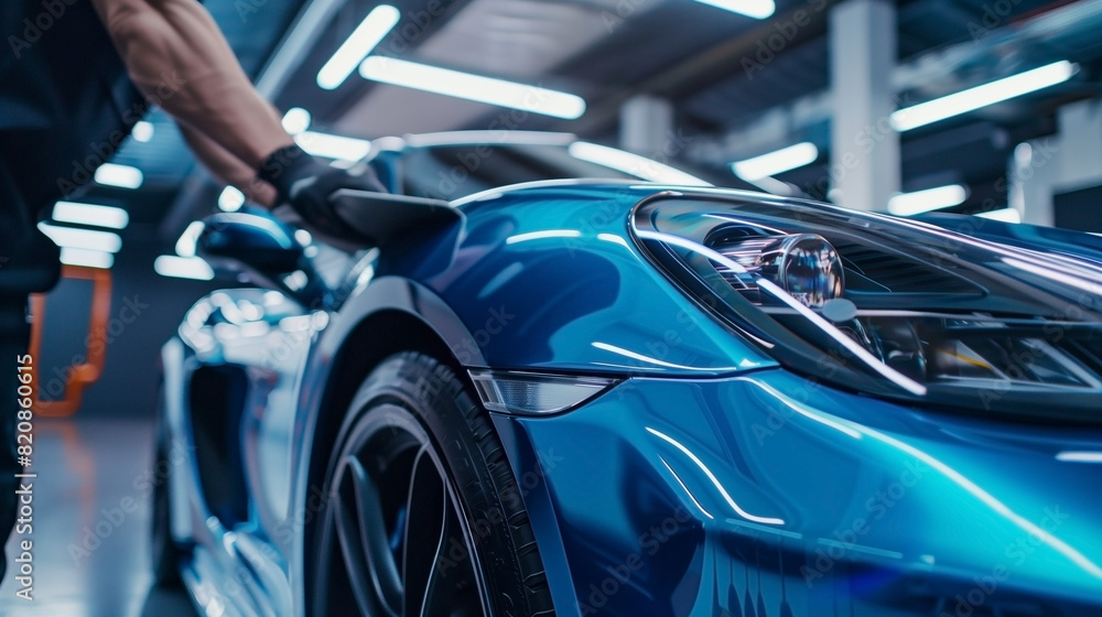 Car wrapping specialist at work, wrapping a sports car with glossy vinyl car wrap, applying gloss flip car film Car wrapping specialist at work, wrapping a sports car with glossy vinyl car wrap, applying gloss flip car film