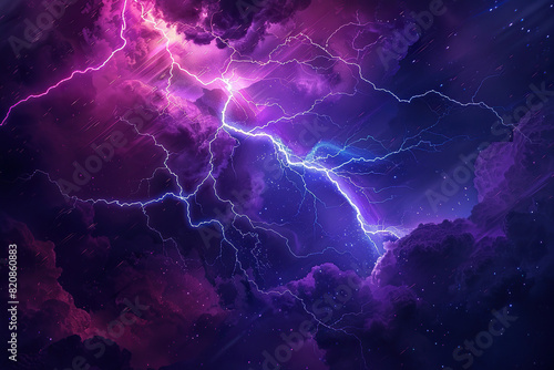 Generative ai on theme of scary bright electric lightning bolt with branches in the night dark sky © oleg525