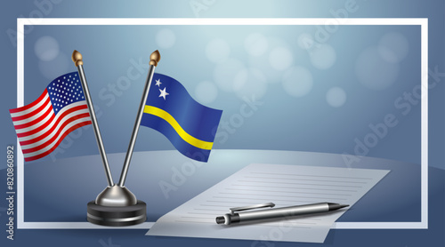 USA and Curacao Small national flag on bokeh background, cooperative relationship