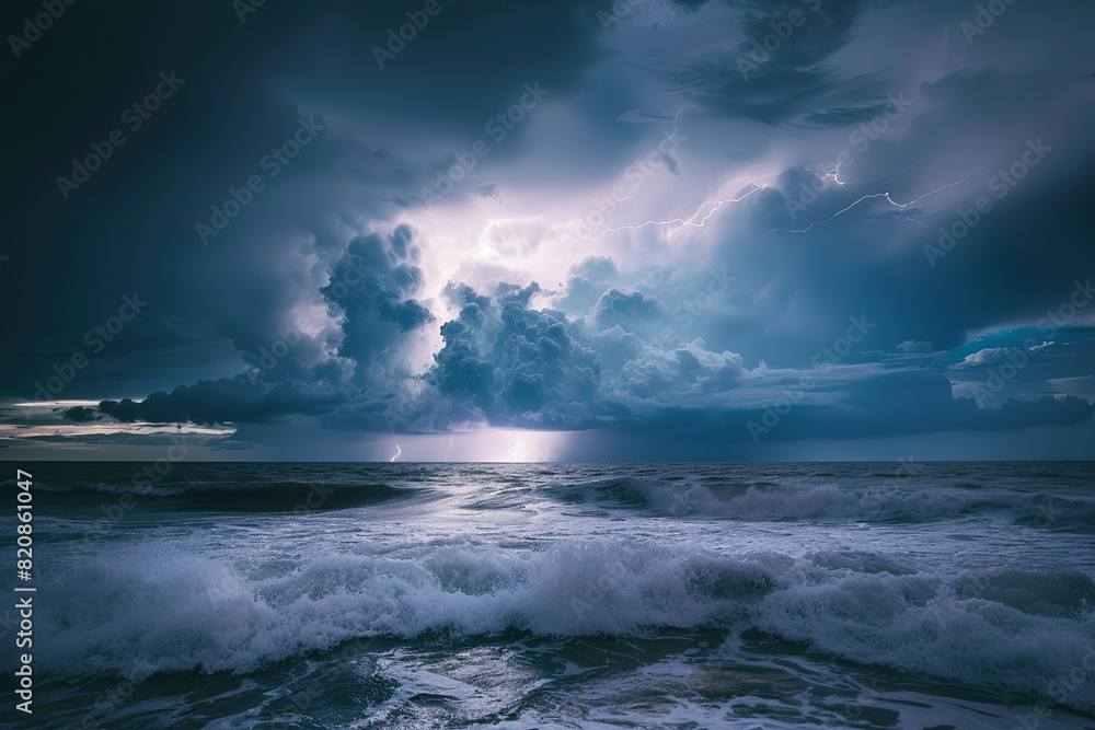 Naklejka premium Generative ai on theme of scary bright electric lightning bolt with branches in the night dark sky