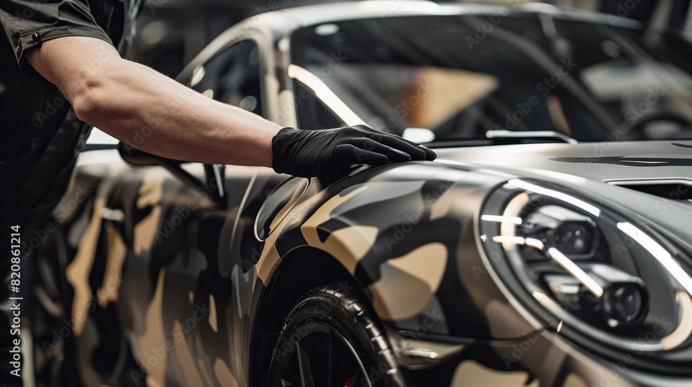© Pavel - Car wrapping specialist at work applying camouflage car wrap on sportscar. Camo car film installation service