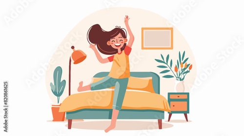 Happy kid waking up. Cute girl stretching on bed 