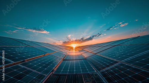 Sunrise over solar panels capturing the synergy of technology and nature for sustainable energy solutions