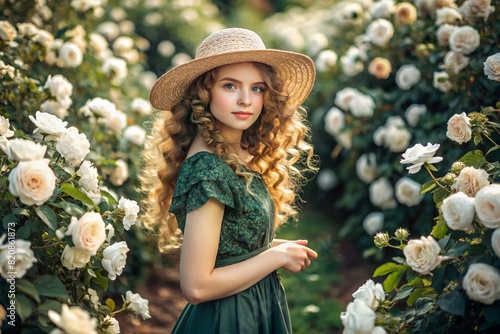 Spring flowering. Portrait of a beautiful curly-haired girl in a straw hat and dress in a blooming rose garden. Childhood. The girl poses and looks at the camera.
