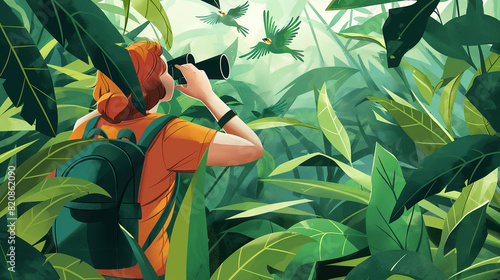 A birdwatcher observing wildlife with binoculars in a lush forest.