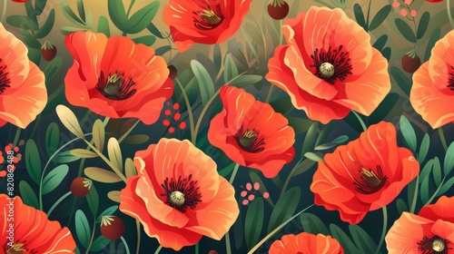 Poppies flowers pattern with vintage design elements.