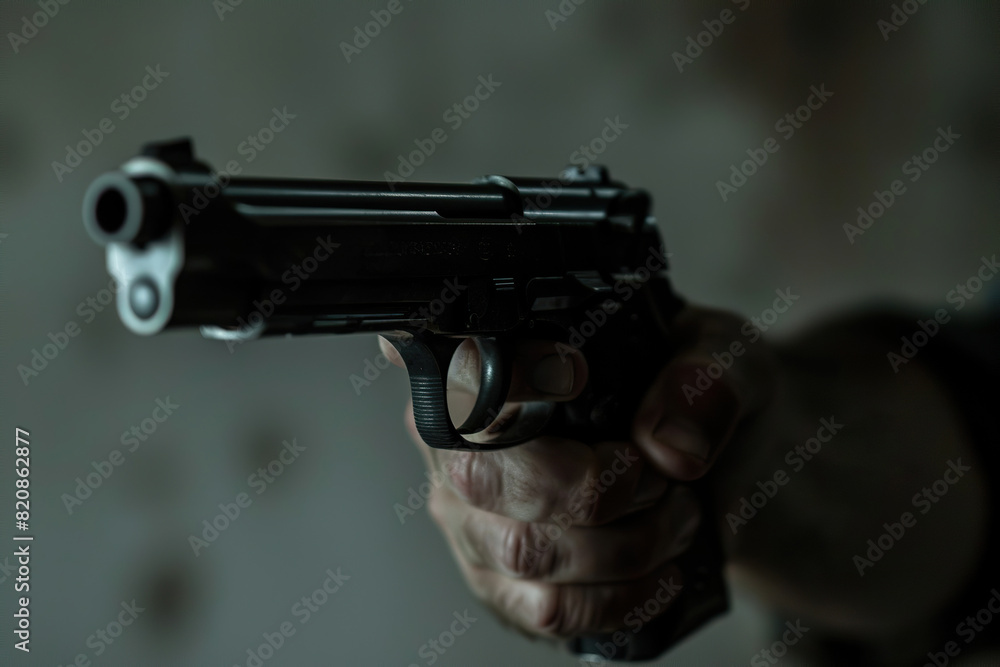 Generative ai on theme of a man aims through the sight of combat metal pistol to hit the target Generative ai on theme of a man aims through the sight of combat metal pistol to hit the target