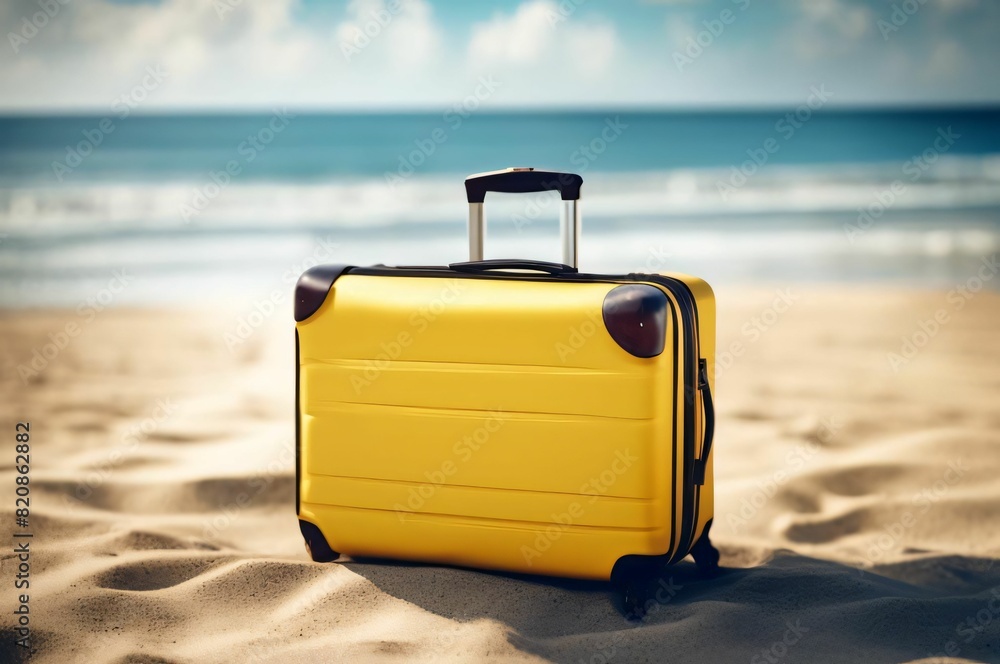 Suitcase on the beach. Baggage travel. Yellow suitcase with accessories on sand beach, blue sea and blue sky. Summer travel concept. Yellow suitcase on a tropical beach is a trip to the sea in a warm 