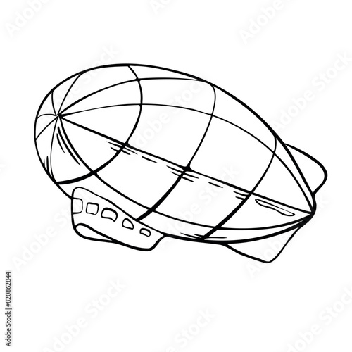 Black and white retro airship vector illustration isolated. Dirigible ink silhouette hand drawn. Zeppelin aircraft contour. Air transport coloring. Simple cartoonish drawing large balloon outline