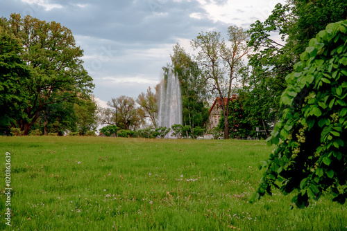 a beautiful outdoor park with green grass and a fountain on a summer evening