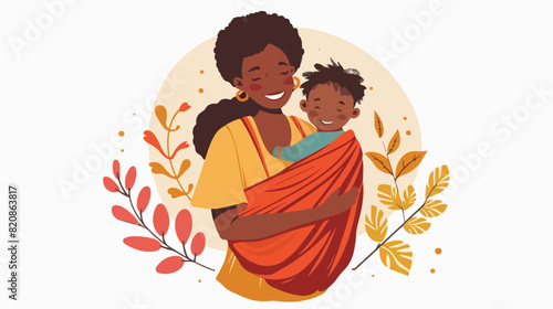 Happy mother with baby in sling. African-American mom