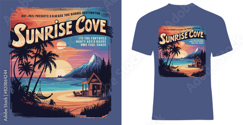 Design a T-shirt featuring a retro travel poster for a fictional destination.
