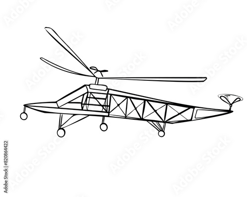 Retro helicopter black and white contour vector illustration isolated. Airplane ink silhouette spinning propeller hand drawn. Simple cartoon air transport. Childish plane for boy coloring