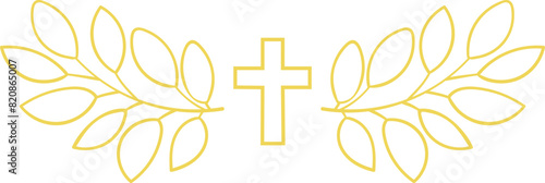 Golden Christian cross surrounded by floral element. Vector on transparent background