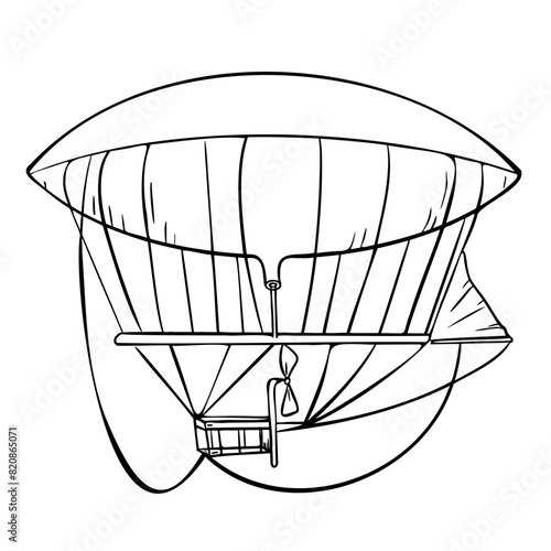 Dirigible early aviation black white contour vector illustration isolated. Airship ink outline hand drawn. Air transport childish design element for boy printed products. Retro aircraft coloring