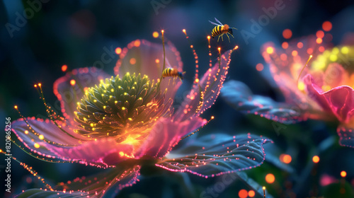 Glowing nanobees pollinating a futuristic flower. photo