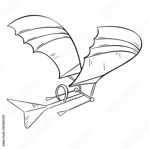 Aircraft black and white contour vector illustration isolated. First Invention airplane in ink outline hand drawn. Air transport element for design boy products. Vintage aircraft silhouette